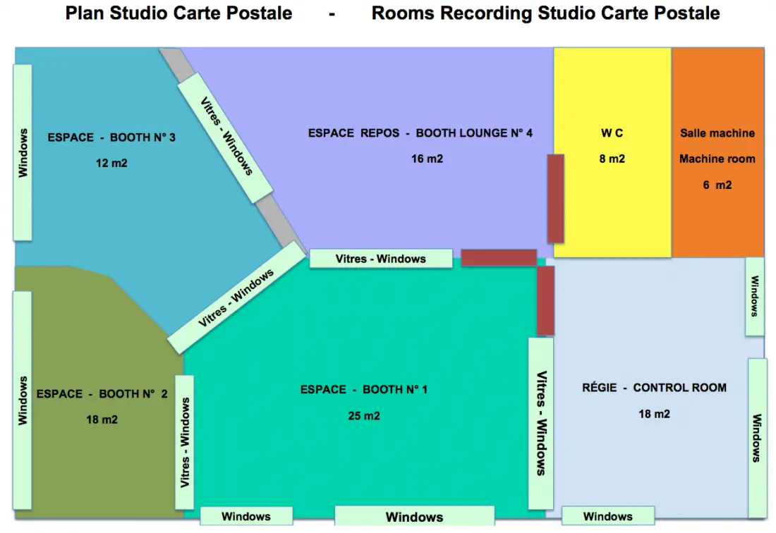 Plan des espaces du Studio Carte Postale, avec les cabines, la régie et le coin repos